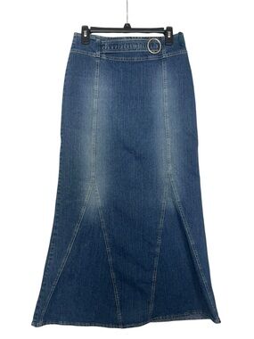 Y2K Seyka Classic Denim Maxi Skirt 7 Blue Jean Fish Mermaid Flare Ring Hardware